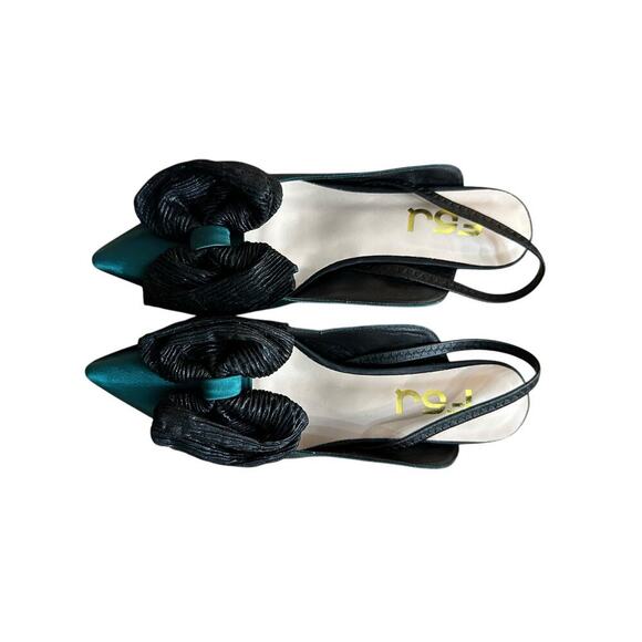 FSJ Green Satin Pointed Toe Low Heel Black Bow Slingback Pump Heels Size 7 - Picture 5 of 11